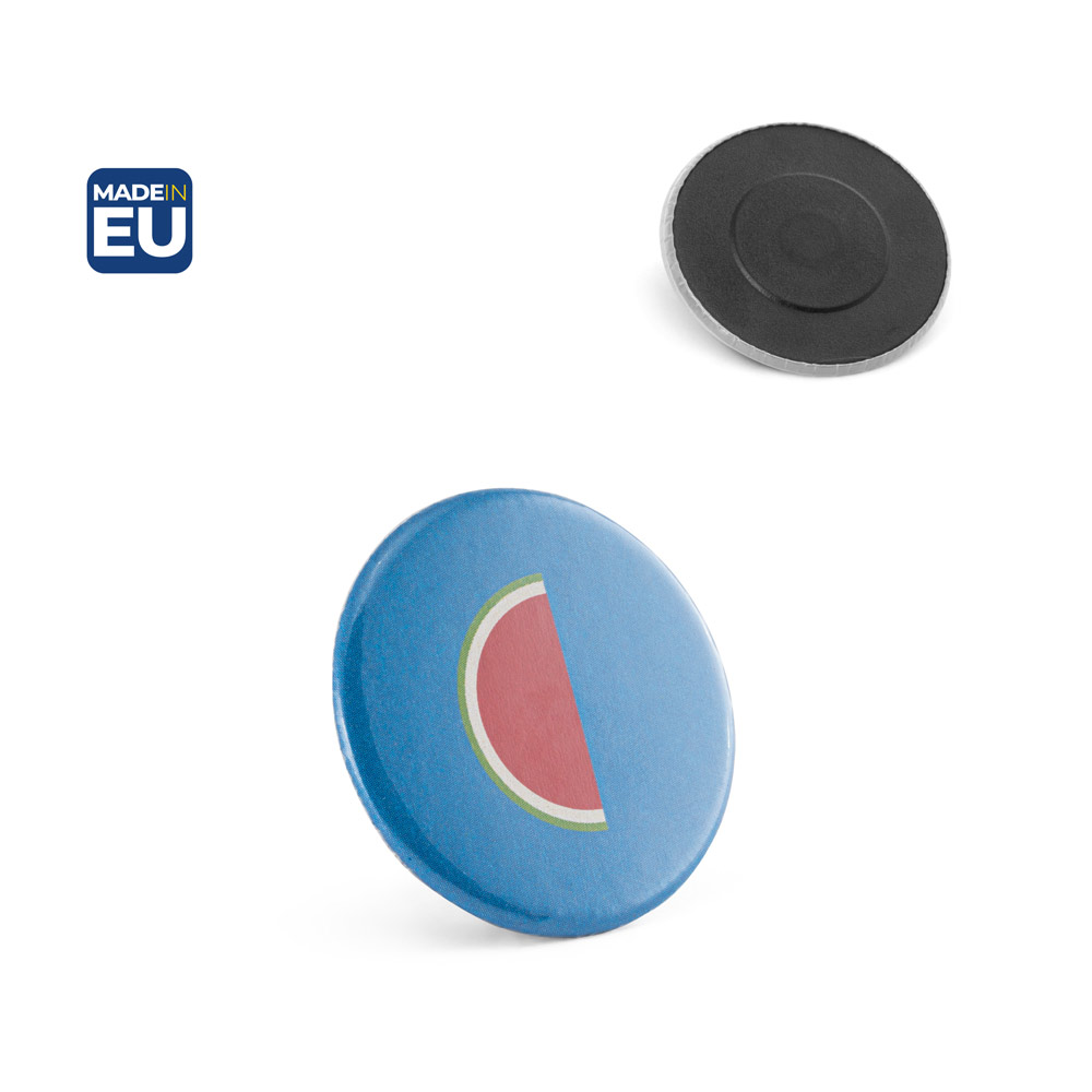 Button P'IN 5 badge with magnetic clasp, personalised with logo, ø38 mm