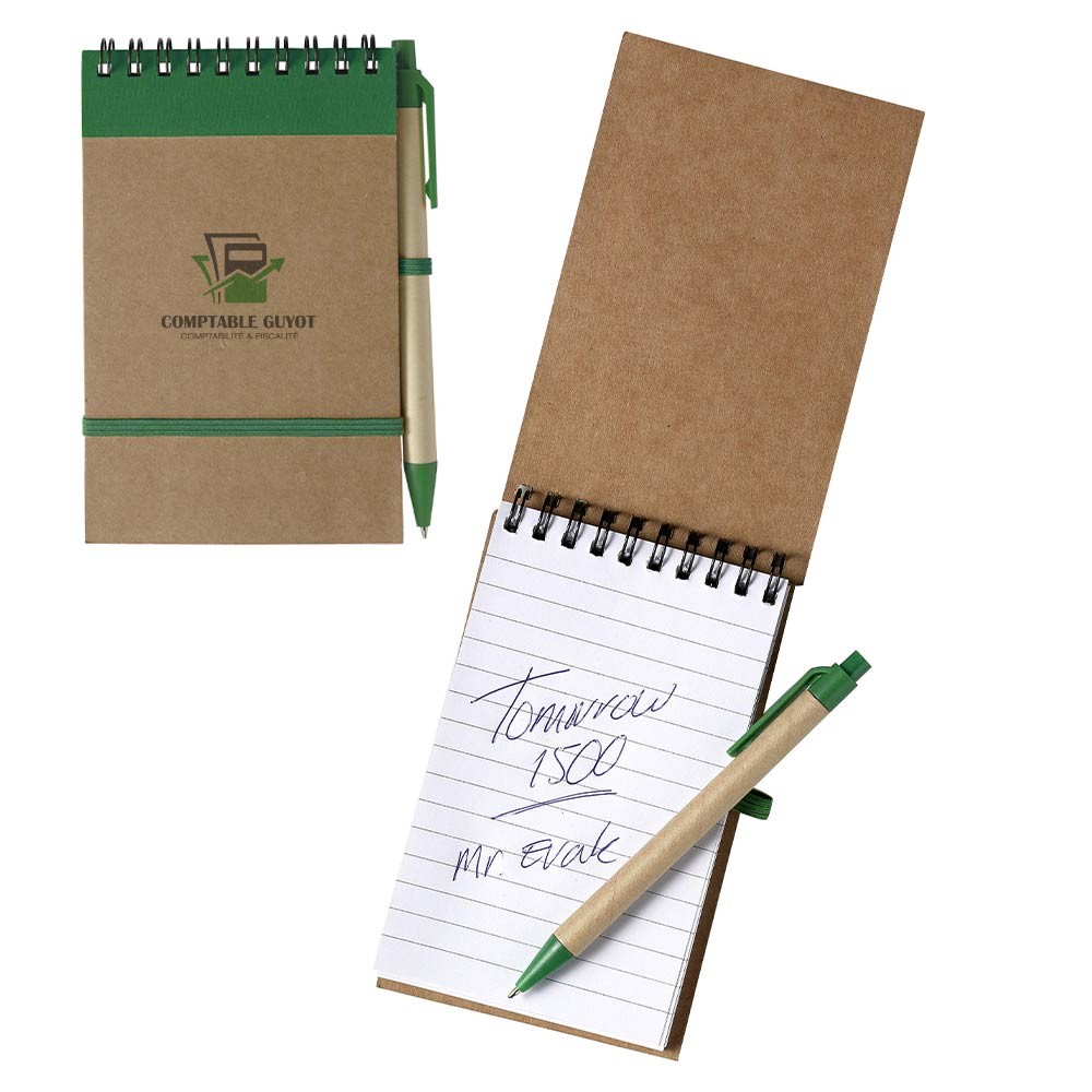 A notebook bound with recycled cardboard that comes with a retractable ball pen. - Eversley