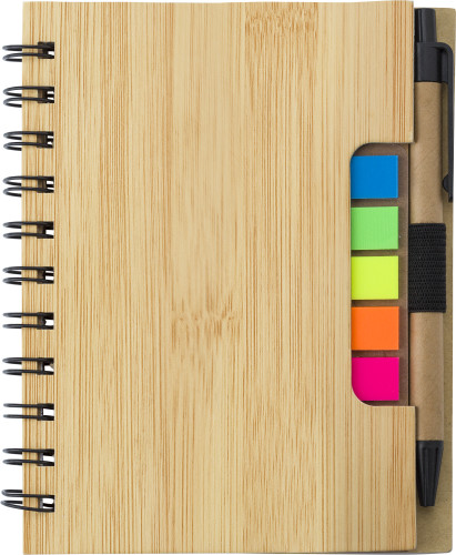 A wire-bound notebook designed with a bamboo look. It also includes sticky notes and a ballpen. - Fraserburgh
