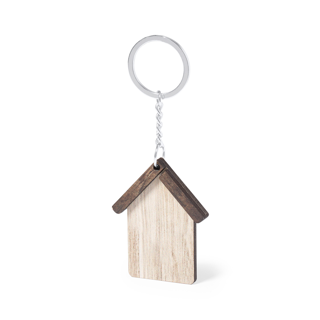 A wooden keychain featuring a two-toned design in the shape of a house. - Isle of Man