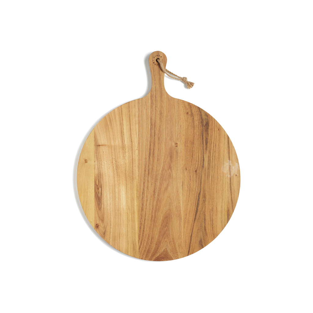 Round chopping board made from FSC-certified teak, complete with a handle for easy use - Laughton