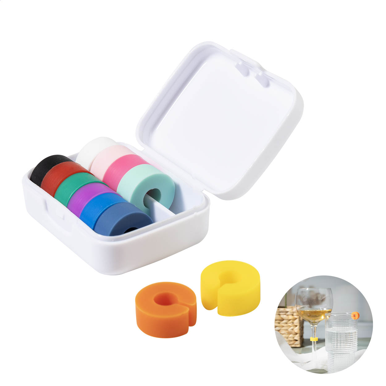 Cupperty 12 pc silicone glass marker set in recycled PP box with logo printed with logo