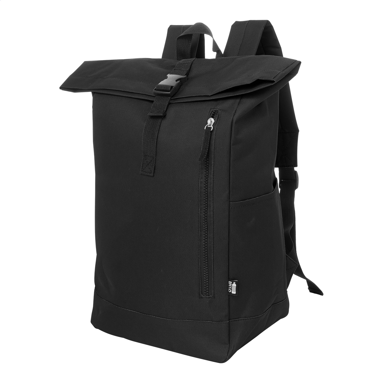 Reback 600D RPET rolltop backpack with 14" laptop compartment and logo