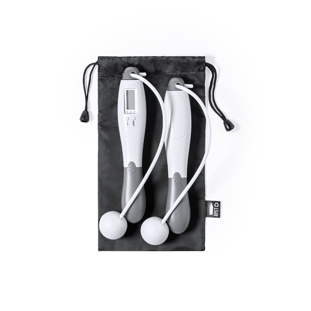 A digital skipping rope that comes with a Liquid Crystal Display (LCD) and a pouch made from Recycled Polyethylene Terephthalate (RPET) polyester. - Silton