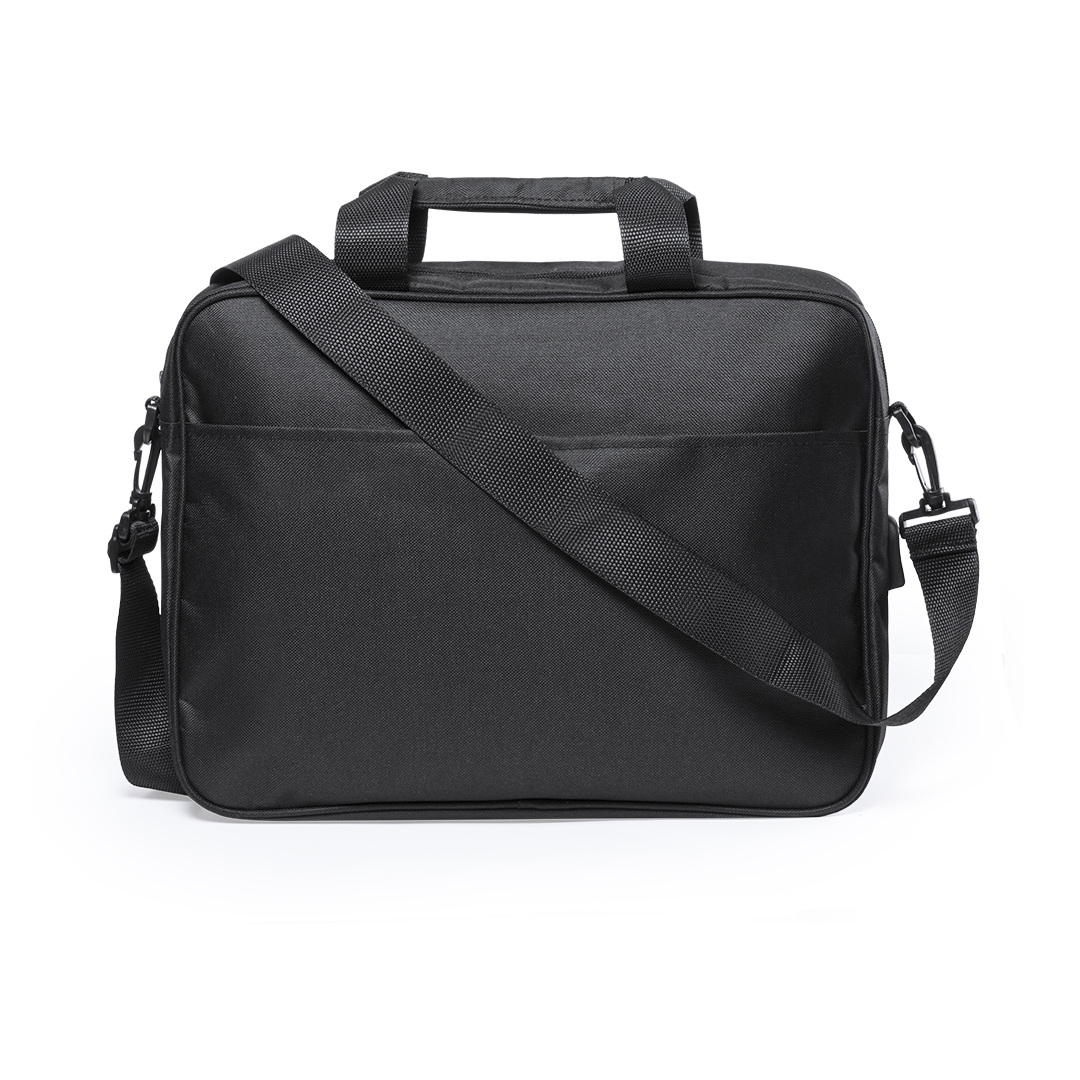 A durable document bag made of polyester that includes a USB port and a headphone outlet. - Barnoldswick