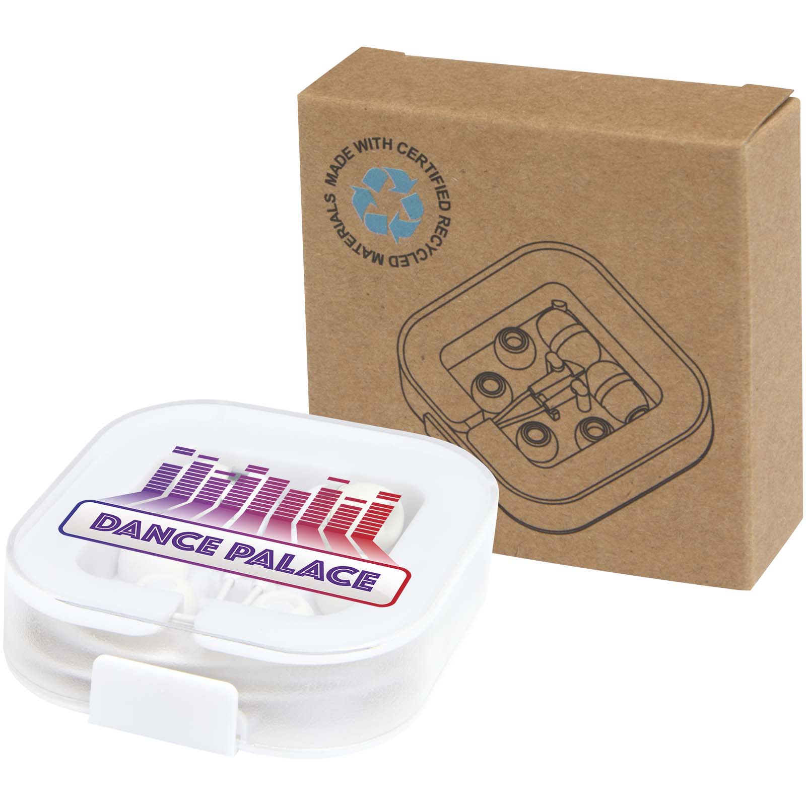 Baekdu kabelgebundene USB-C-Ohrhörer mit Logo und Box aus recyceltem Kunststoff