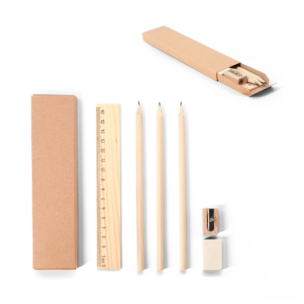 GEOFFREY. Versatile writing set consisting of a pencil, sharpener, eraser, and ruler.