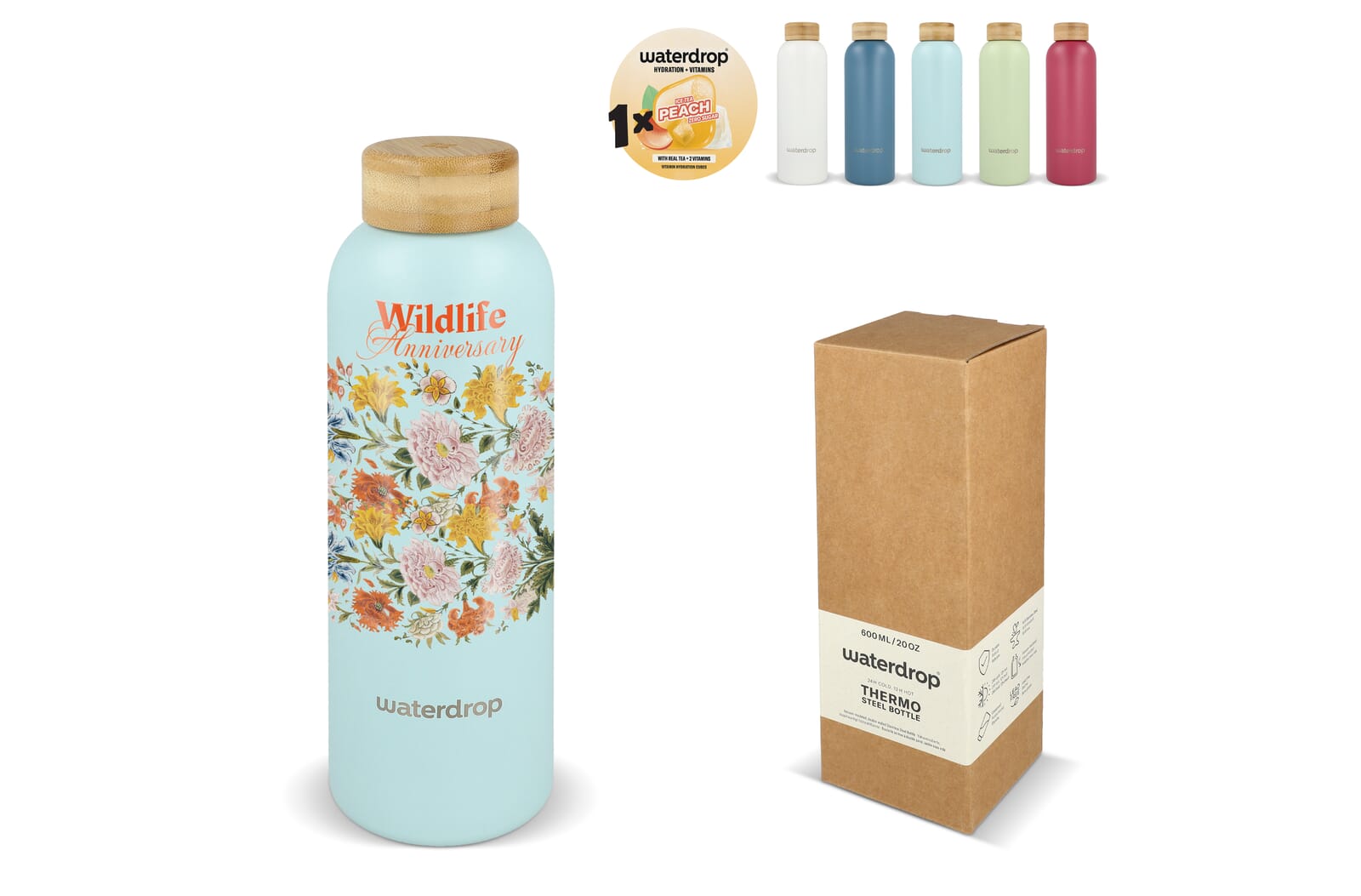 Waterdrop Edelstahlflasche mit Bambusdeckel 600ml