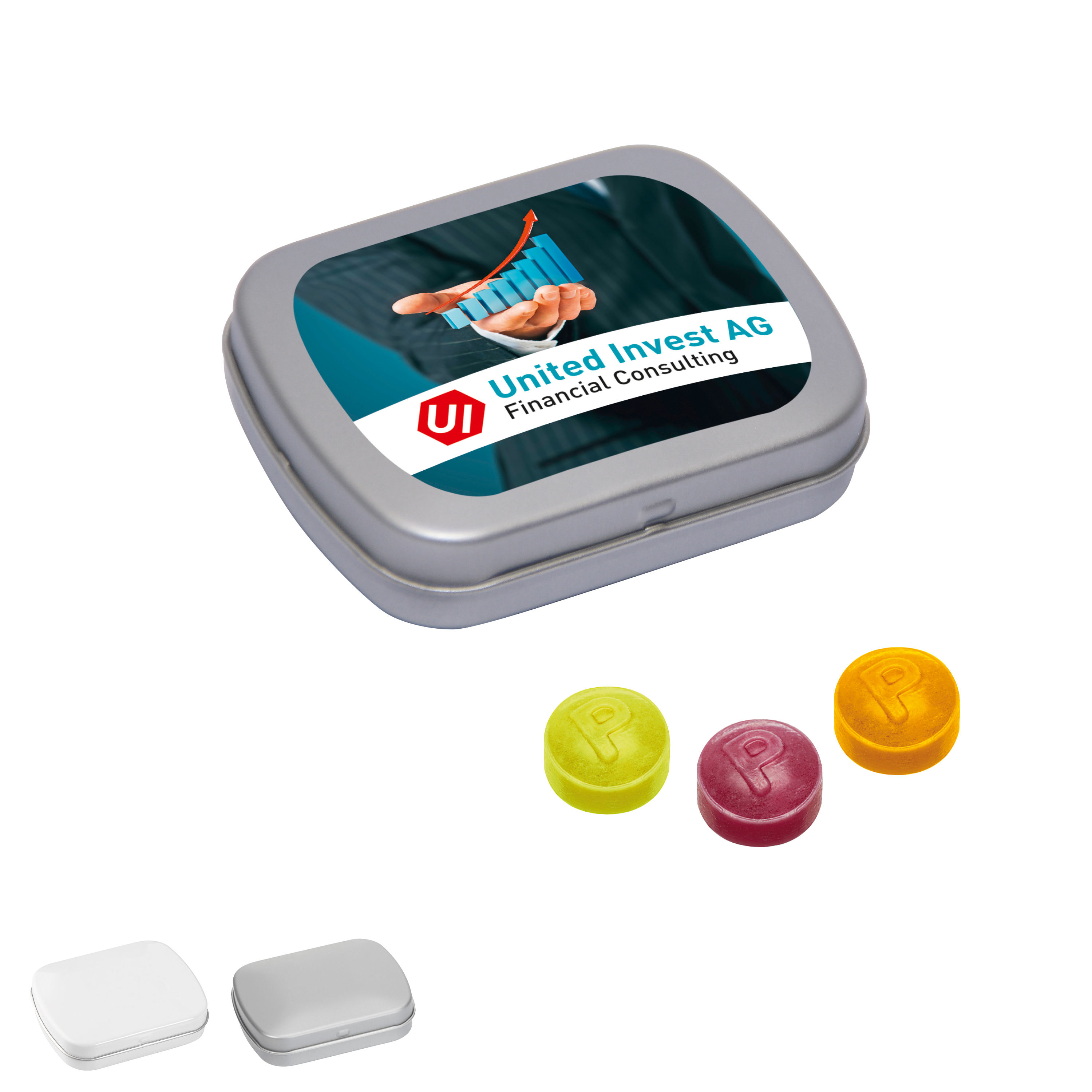 Shiny White Metal Tin with Hinged Lid - Aisby printed with logo