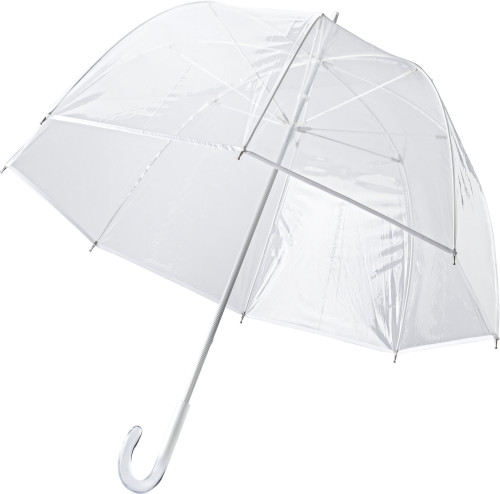 An umbrella made from PVC with eight panels. It features an aluminium and fiberglass frame and a plastic handle. It closes with the push of a button. It is from Shipton-under-Wychwood. - Earlswood
