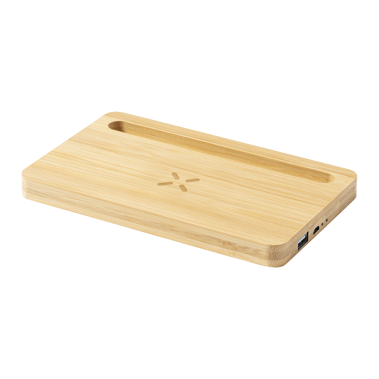 Flabo bamboo desk organiser with 15W wireless charger and logo