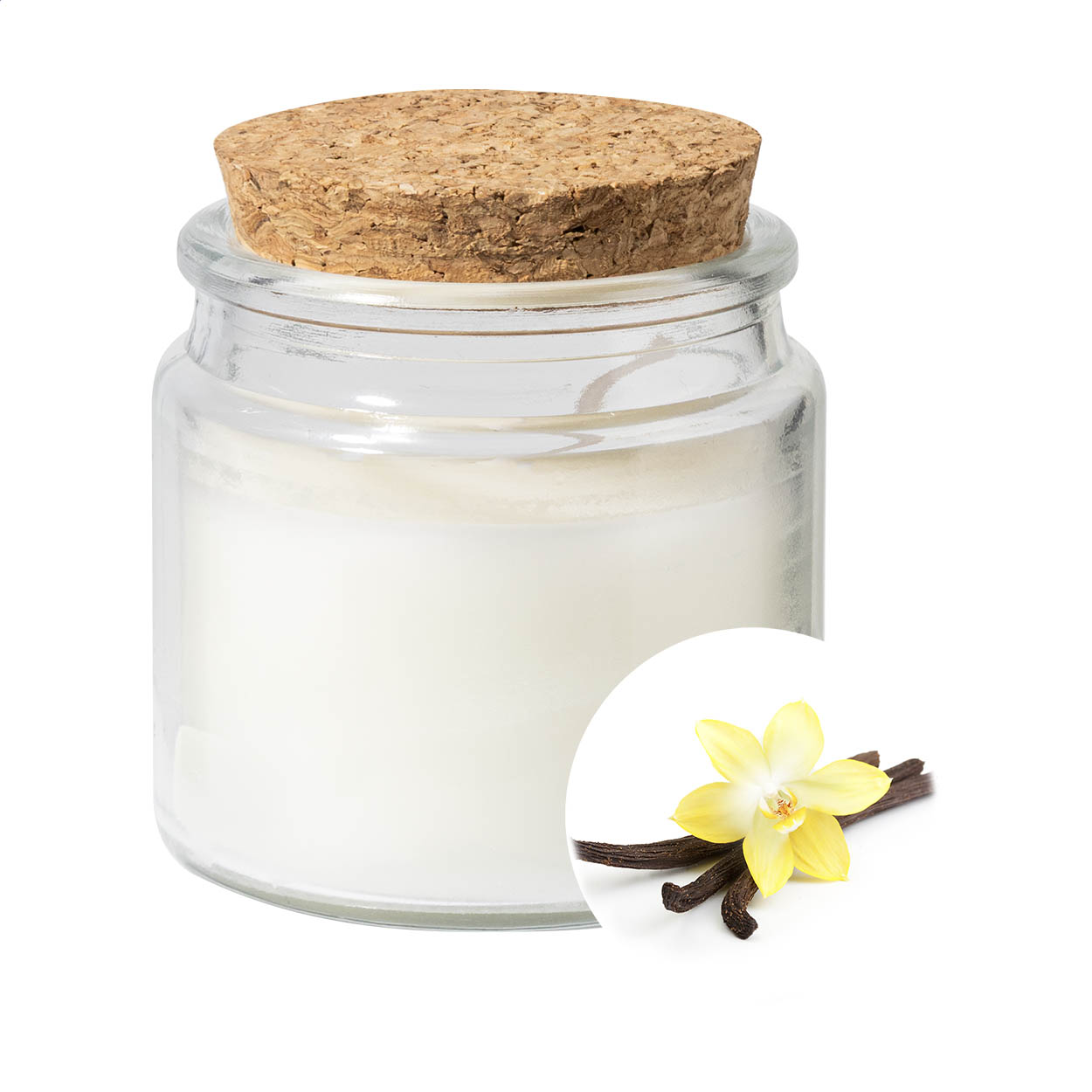 Corbama vanilla plant-based wax candle in glass with cork lid, logo