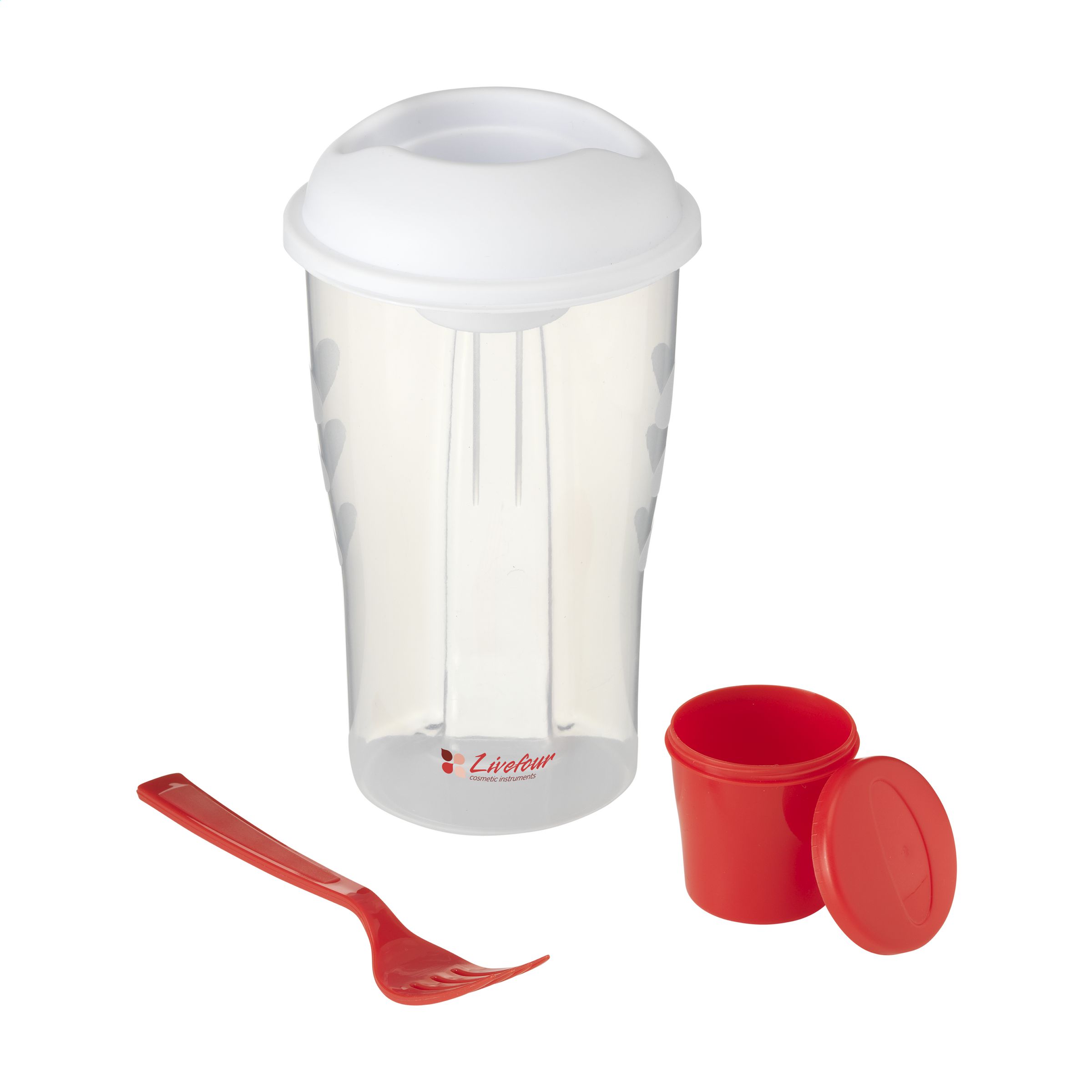 A sturdy plastic salad shaker with a detachable lid, a dressing compartment, and an included fork. It has a volume of 900ml - Tickhill - Belgrave