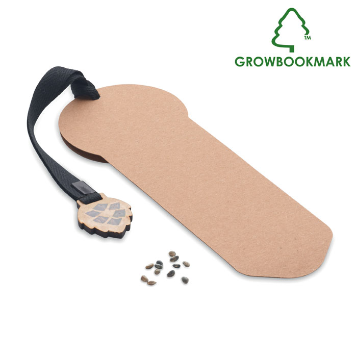 An environmentally friendly paper bookmark embedded with pine seeds and a cotton rope. - Battersby