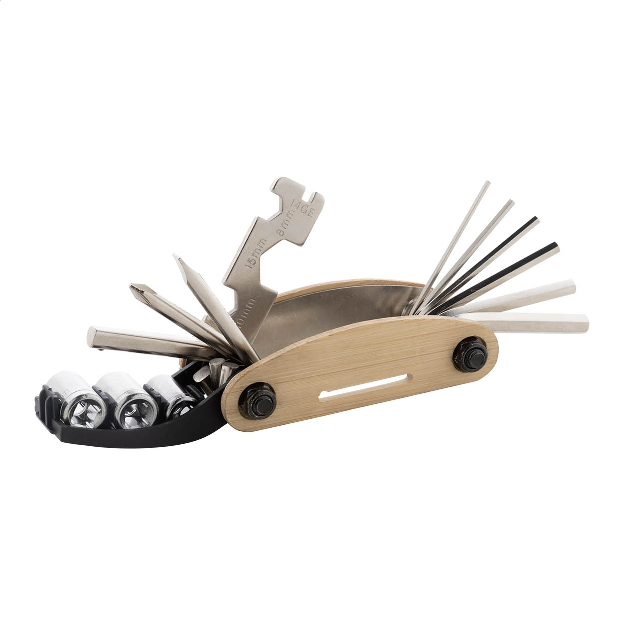 Tsubo stainless steel multi tool with bamboo handle, 14 functions, logo