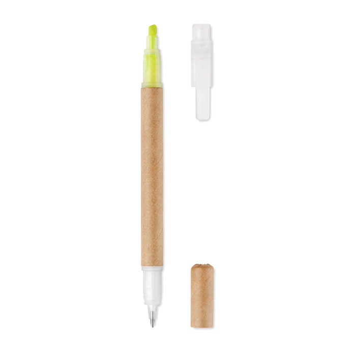 2 in 1 Recycled Carton Barrel Ball Pen and Yellow Highlighter - Cullen
