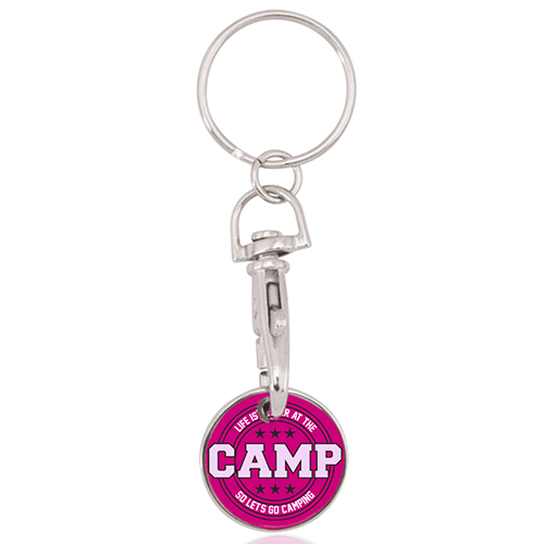A stylish metallic keychain designed in the shape of a coin. The coin is detachable and the keychain also includes a carabiner. - Cubbington
