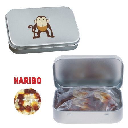 A silver-coloured tin that contains Haribo gummy cola bottles - Bampton