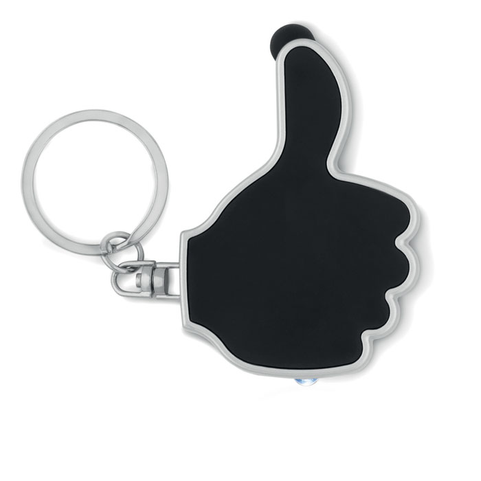 A key ring in the shape of a thumbs-up sign that comes with an LED light and a stylus. It includes 3 AG3 batteries. - Churchill - Skelmersdale